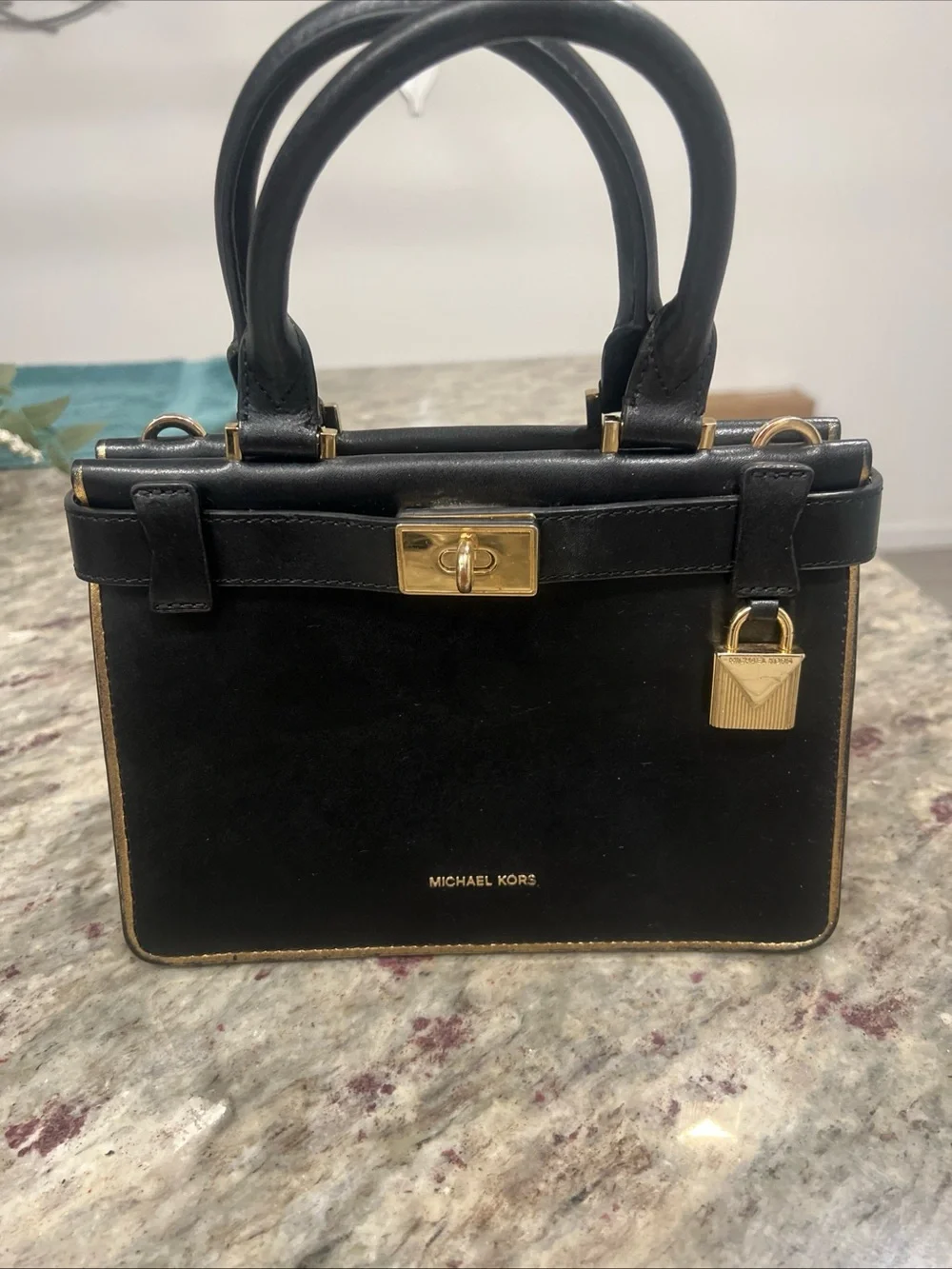 Michael Kors Black Leather Structured Satchel with Gold Hardware